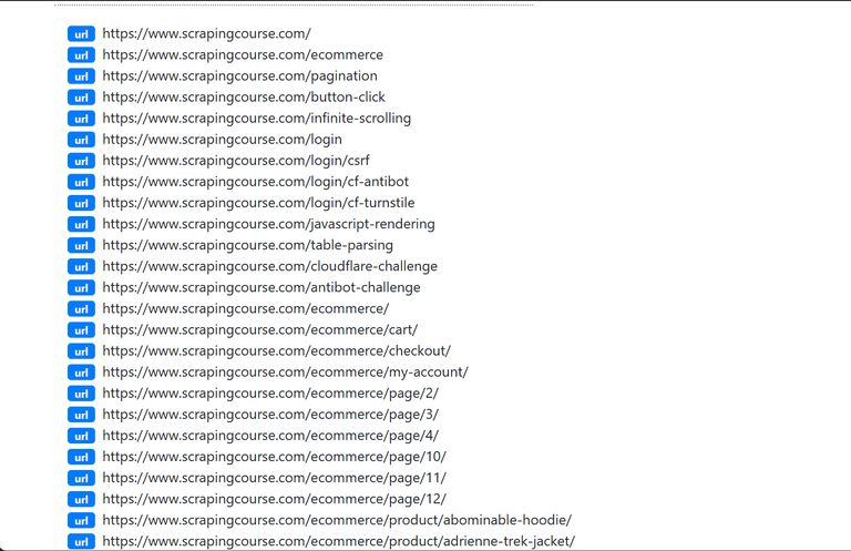 Results from finding all URLs on a domain using an online crawler.
