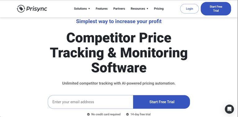 Prisync homepage.