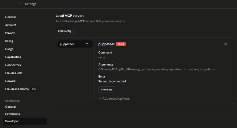 Puppeteer MCP failed connection error in Claude Desktop.