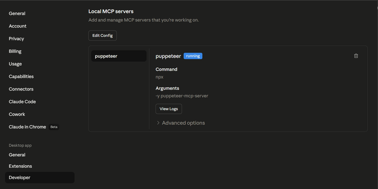 Puppeteer MCP running indicator in Claude Desktop.