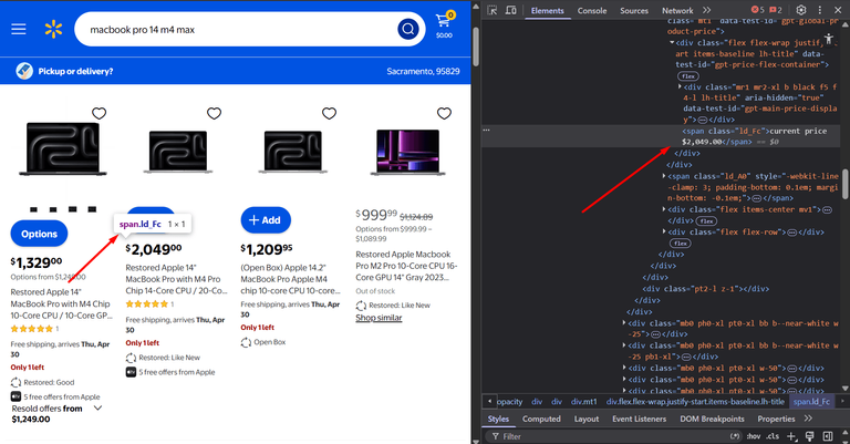 Results of inspecting Wallmart product seacrh result page using the browser devtools.