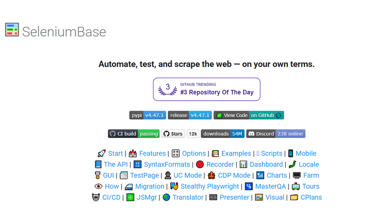 SeleniumBase website homepage.