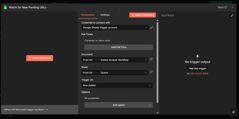 Set up n8n node to watch for pending urls.