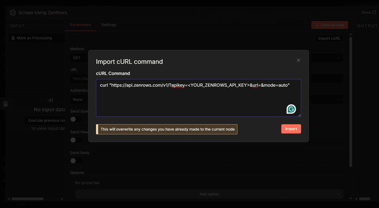 Import ZenRos cURL code in the n8n HTTP request node cURL command field.