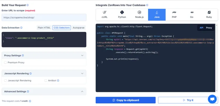 zenrows request builder page
