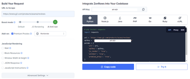 A screenshot of ZenRows Request Builder Page