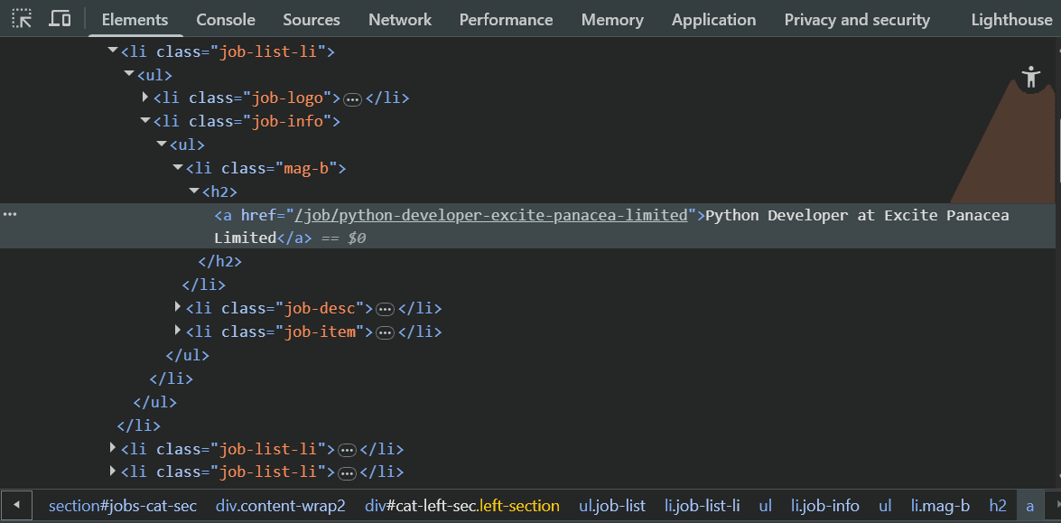 MyJobMag developer console inspection.