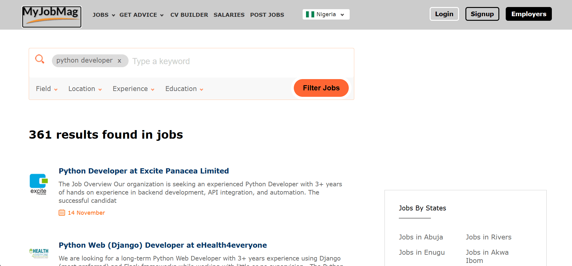 MyJobMag Python developer job listings.
