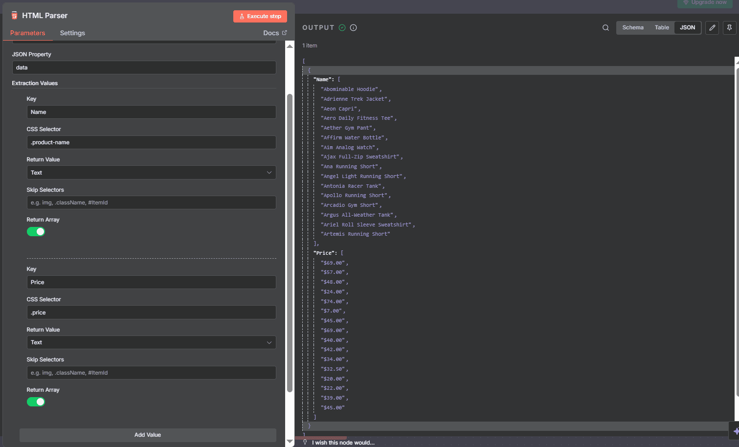 n8n HTML parser node output