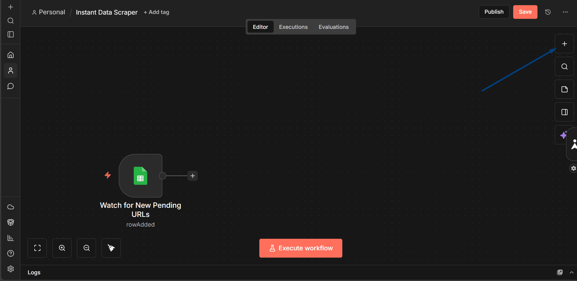 Add a node manually on the n8n canvas.