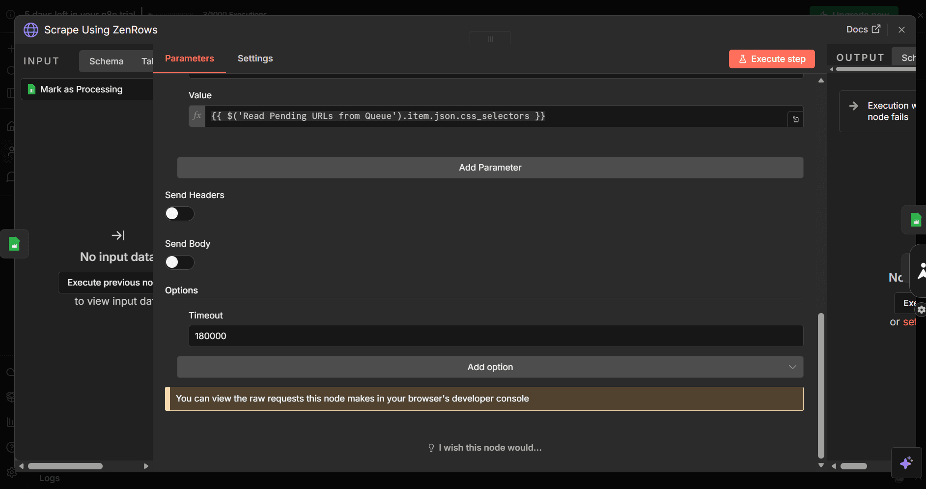 Setting a custom timeout for the HTTP request node to give enough time for slow or JS-heavy targets.