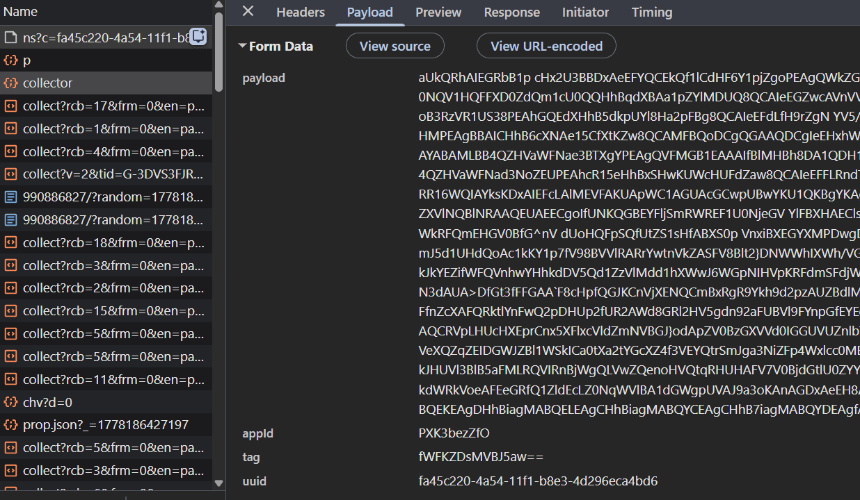 Network tab inspection of the collector request payload.