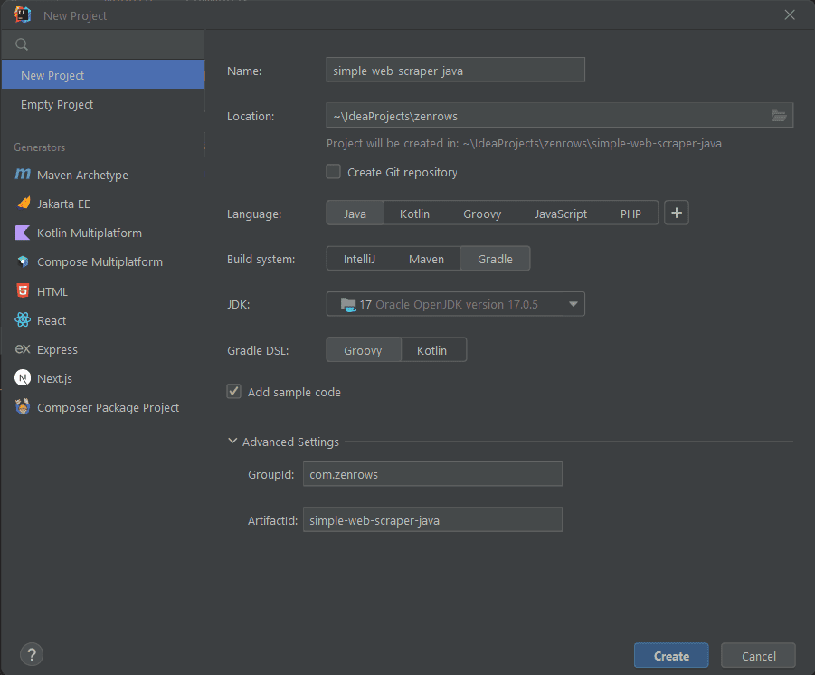 New project on IDE