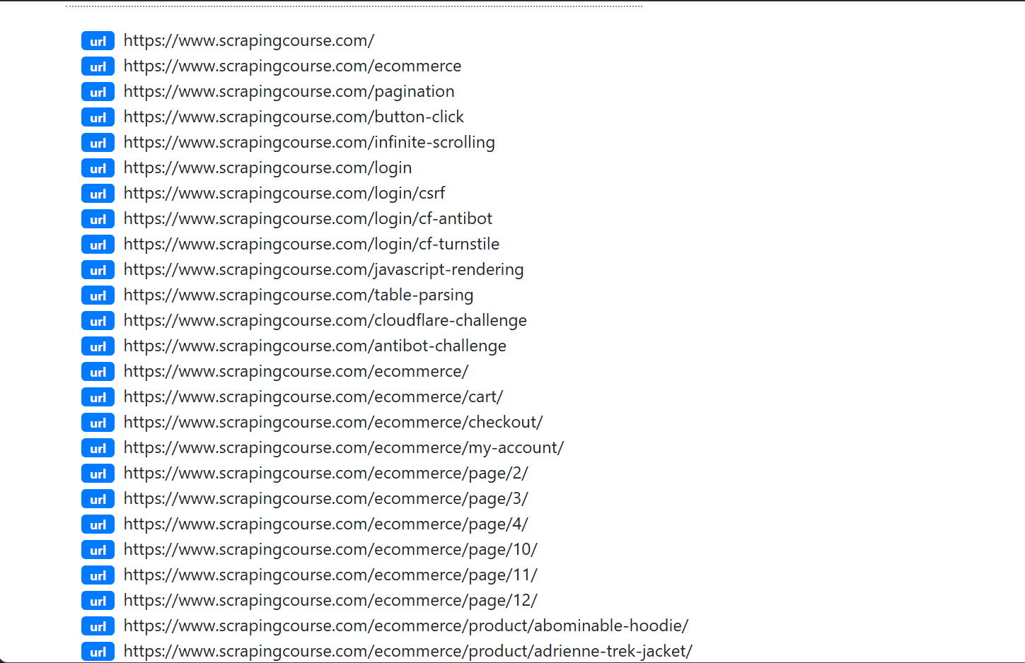 Results from finding all URLs on a domain using an online crawler.