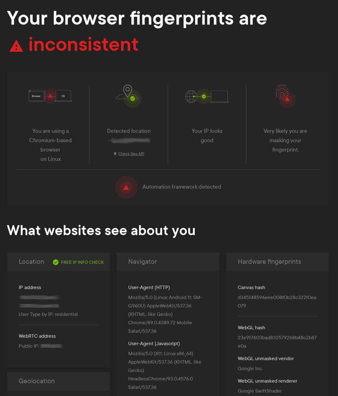 Inconsistent browser fingerprints