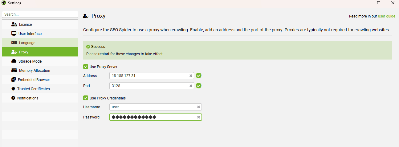 Proxy authentication in Screaming Frog