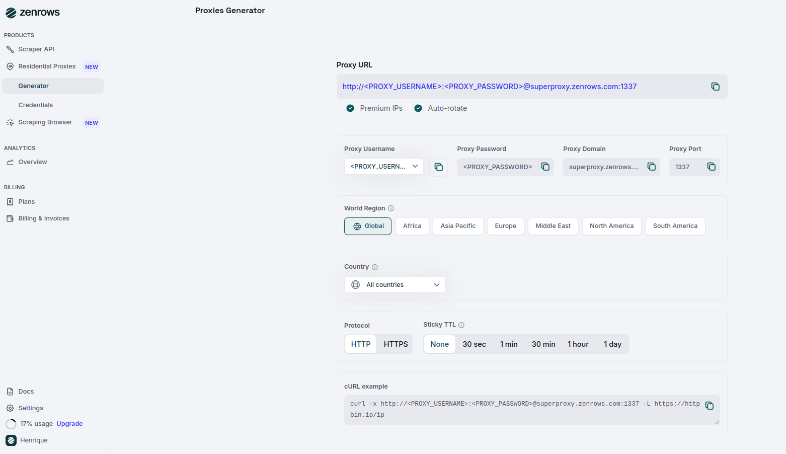 ZenRows Residential Proxies Generator Page