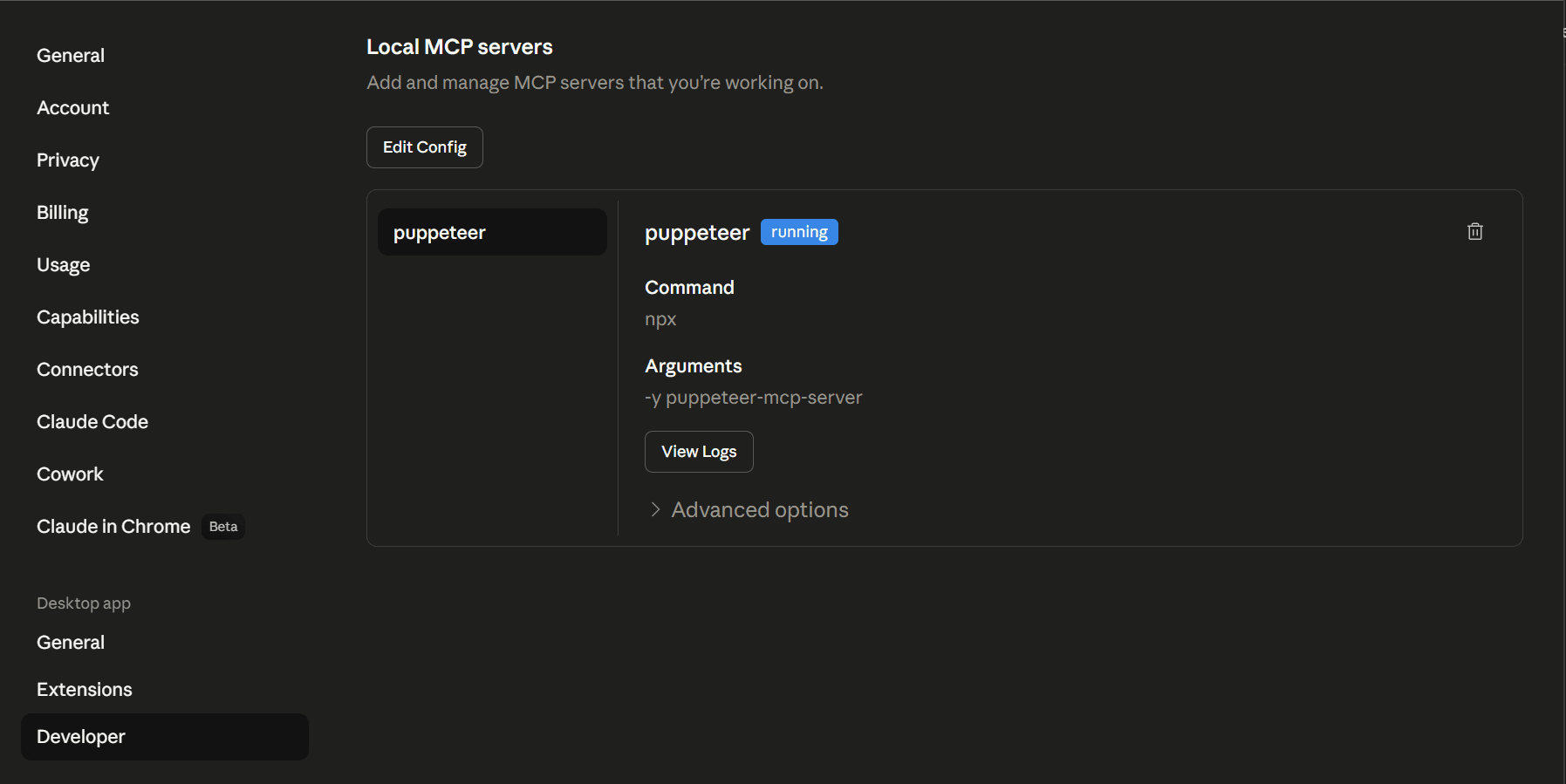 Puppeteer MCP running indicator in Claude Desktop.