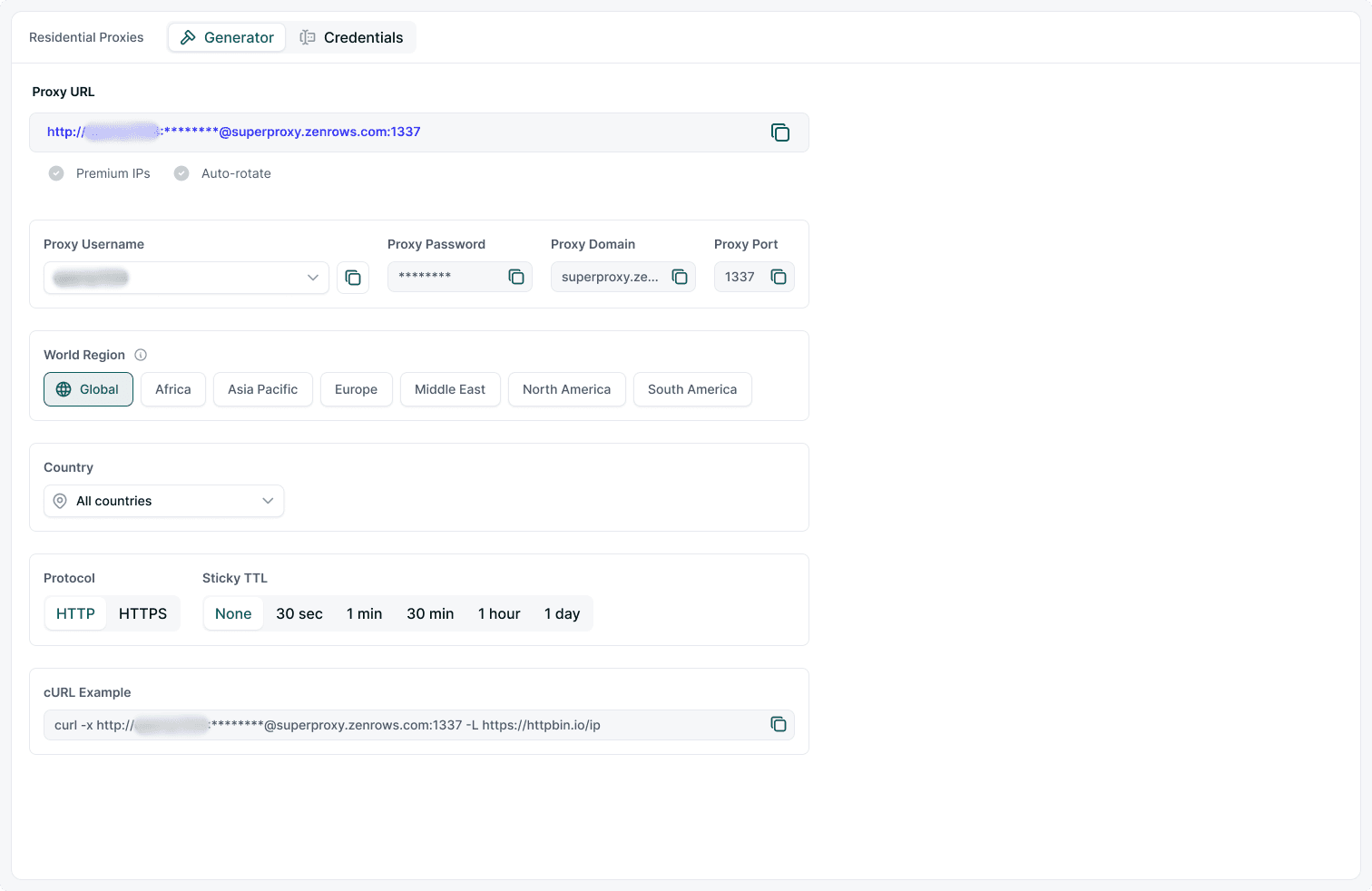 ZenRows Residential Proxies Dashboard