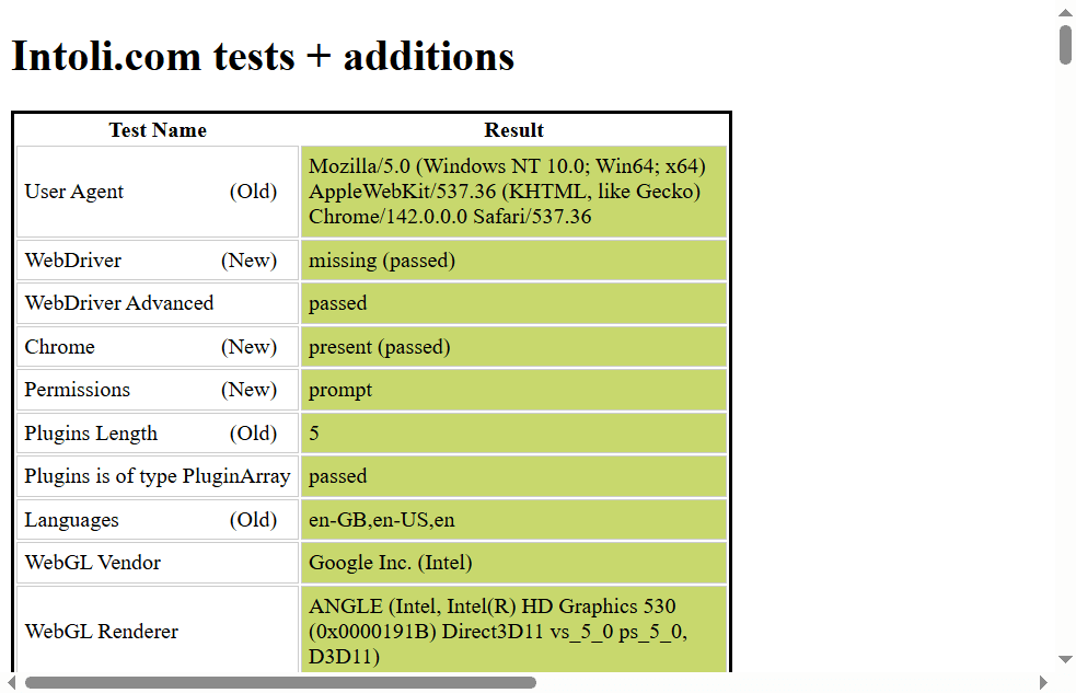 Patchright Sannysoft headfull mode fingerprint test success.