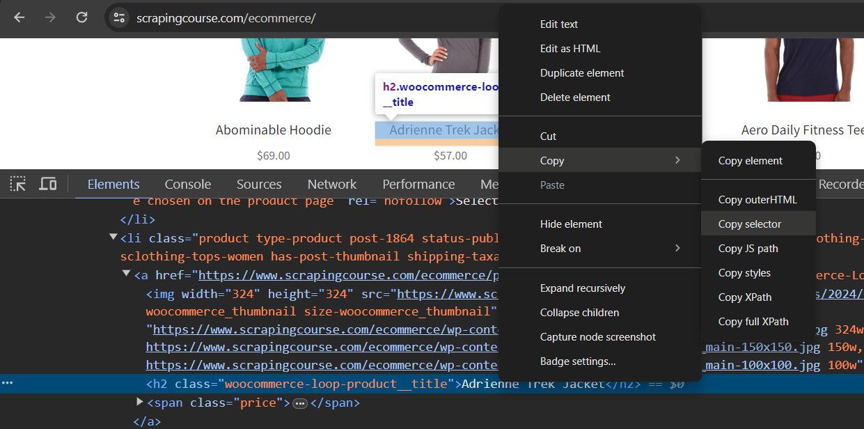 ScrapingCourse CSS selector copy