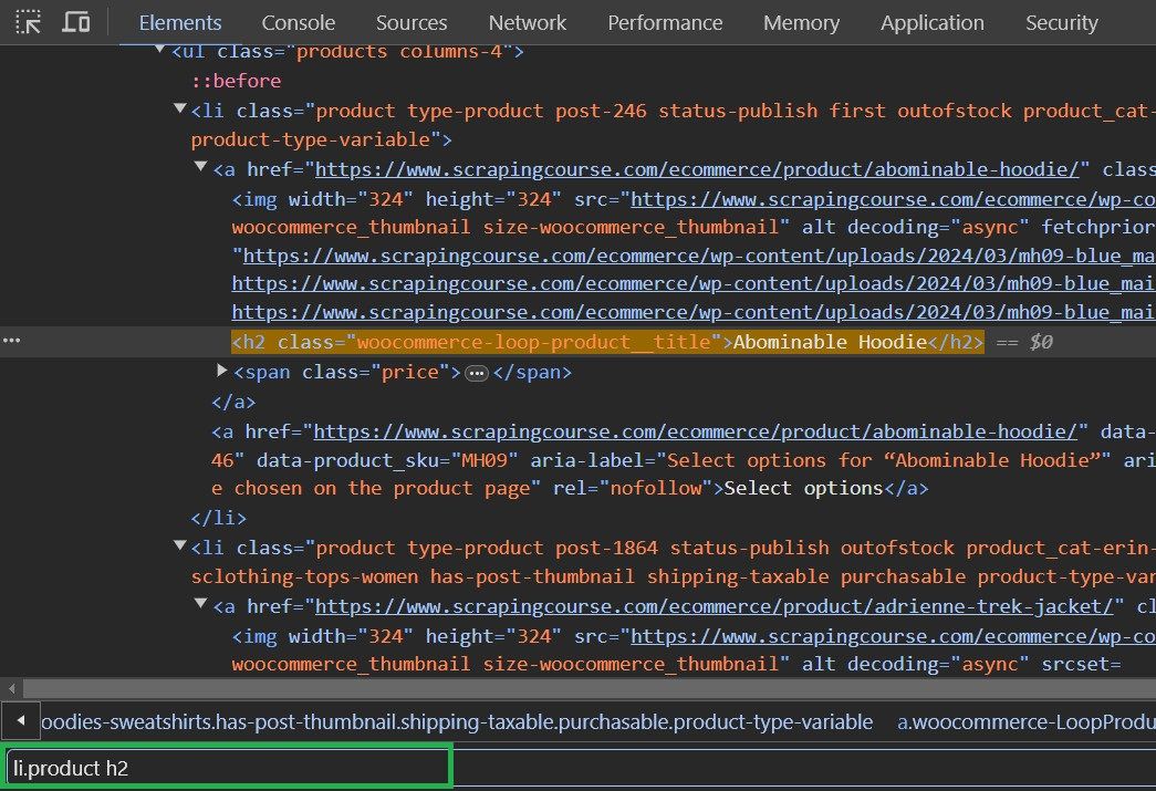 ScrapingCourse CSS selector search