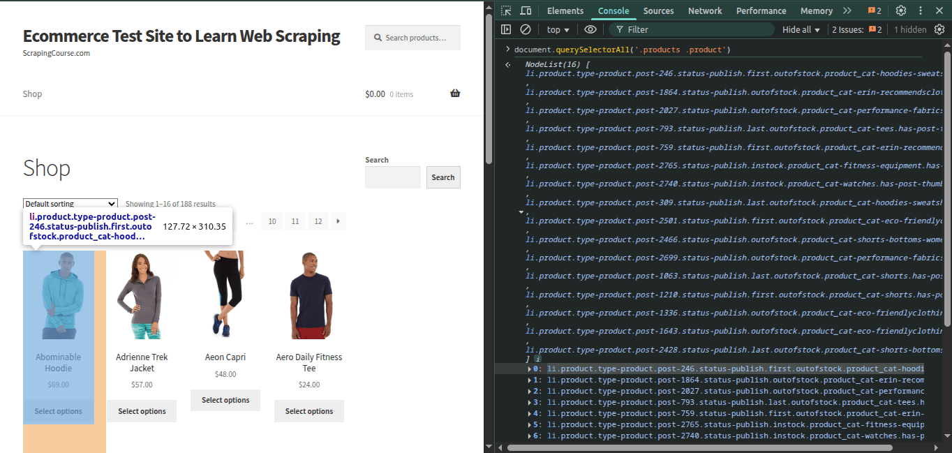 ScrapingCourse DevTools Selector Debug
