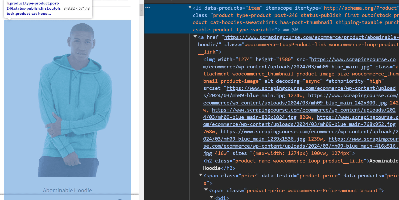 scrapingcourse ecommerce homepage inspect first product li