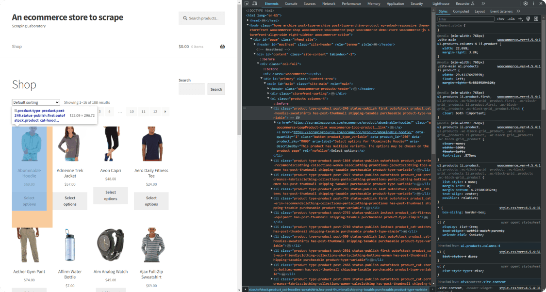 Scrapingcourse Ecommerce Homepage Inspect First Page 
