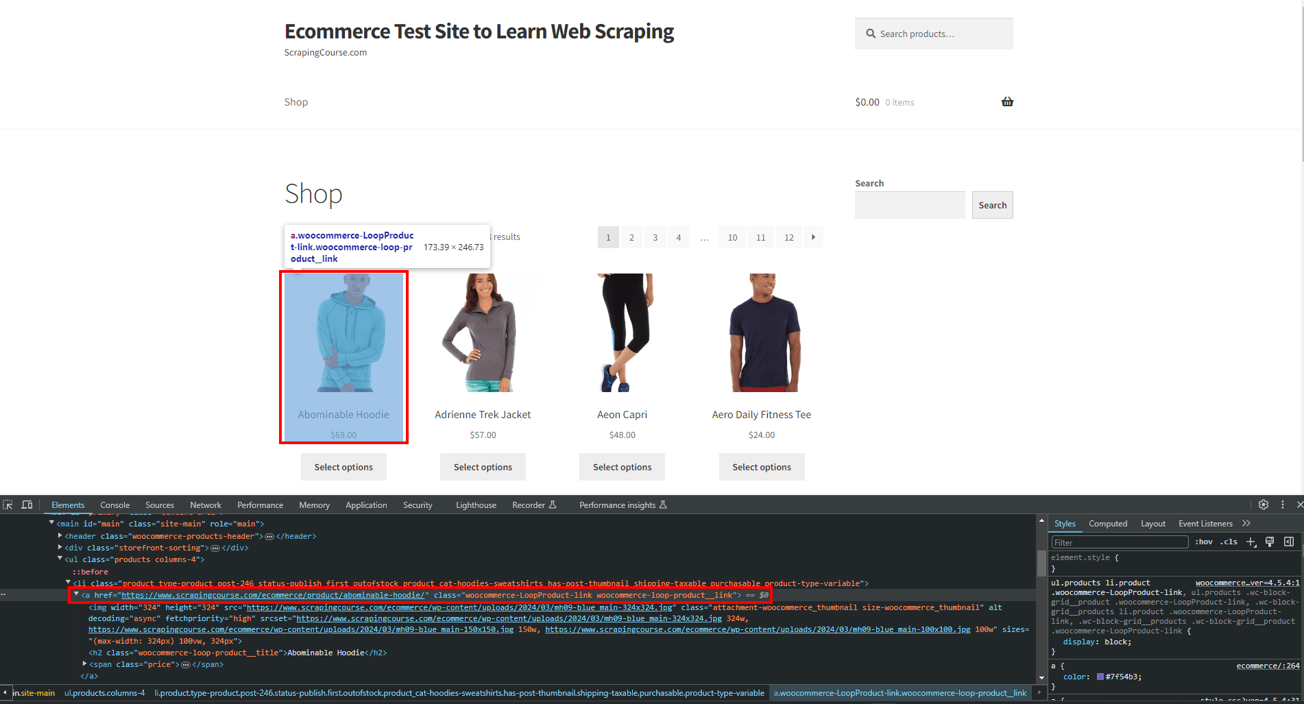 scrapingcourse ecommerce homepage selected product ahref