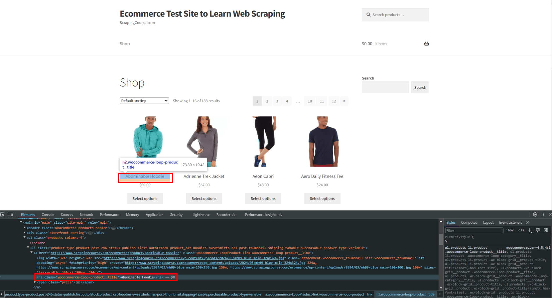 scrapingcourse ecommerce homepage selected product h2 class