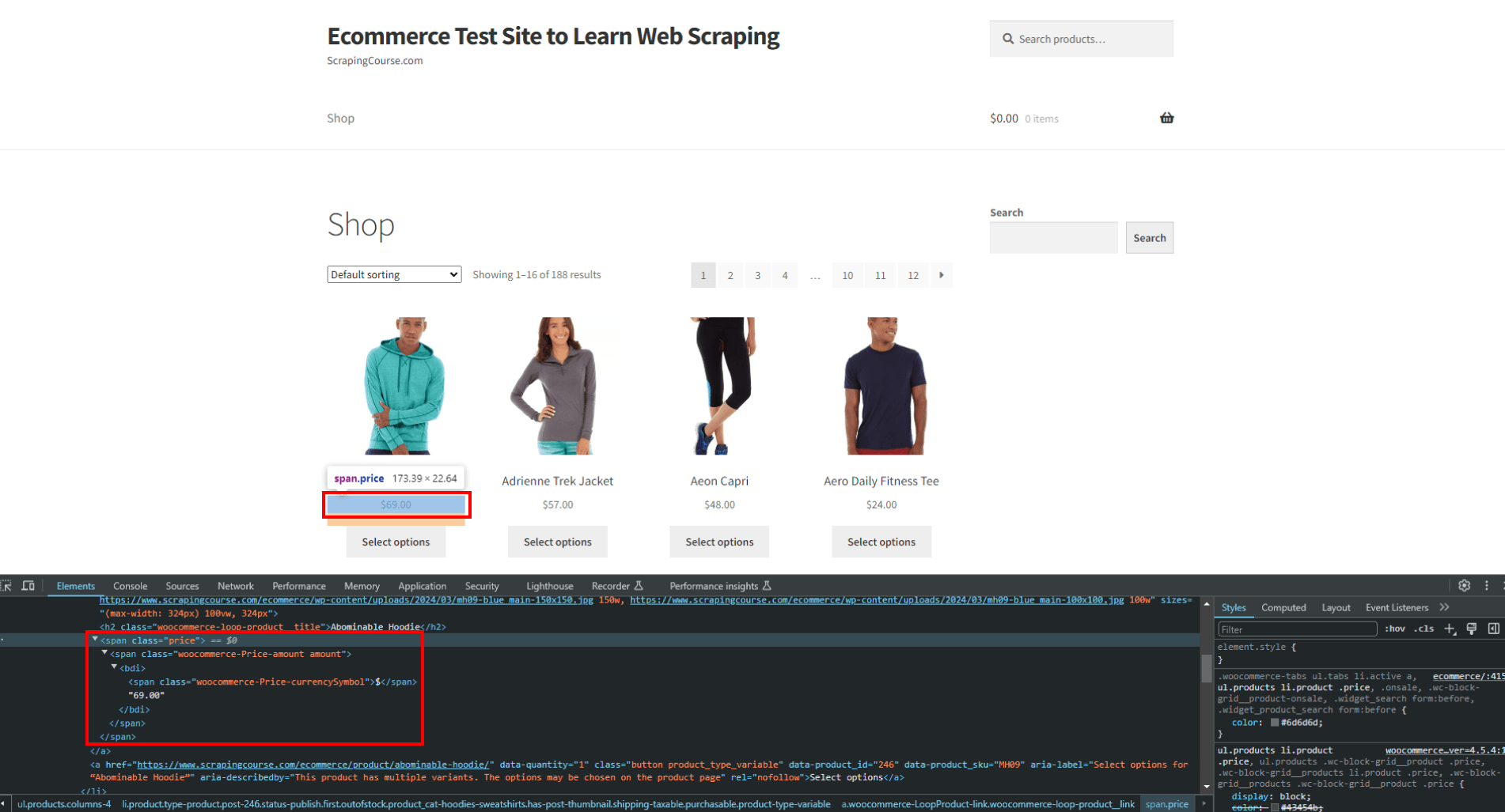 scrapingcourse ecommerce homepage selected product span class price