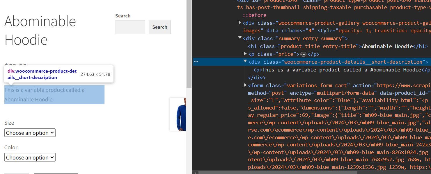 ScrapingCourse first product page inspection