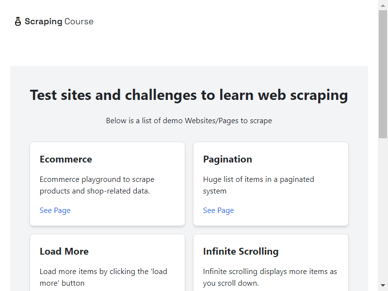 scrapingcourse homepage screenshot