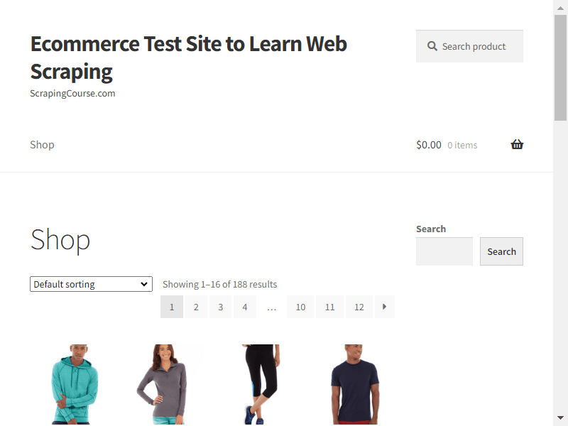 ScrapingCourse homepage visible screenshot