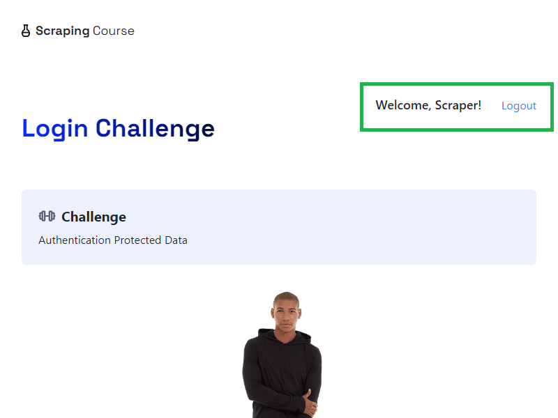 Scrapingcourse successful login screenshot