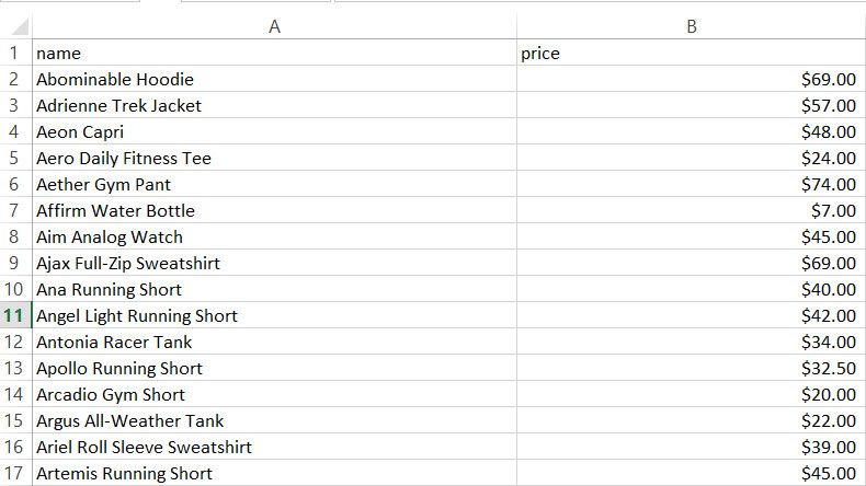 ScrapingCourse name and price only CSV file
