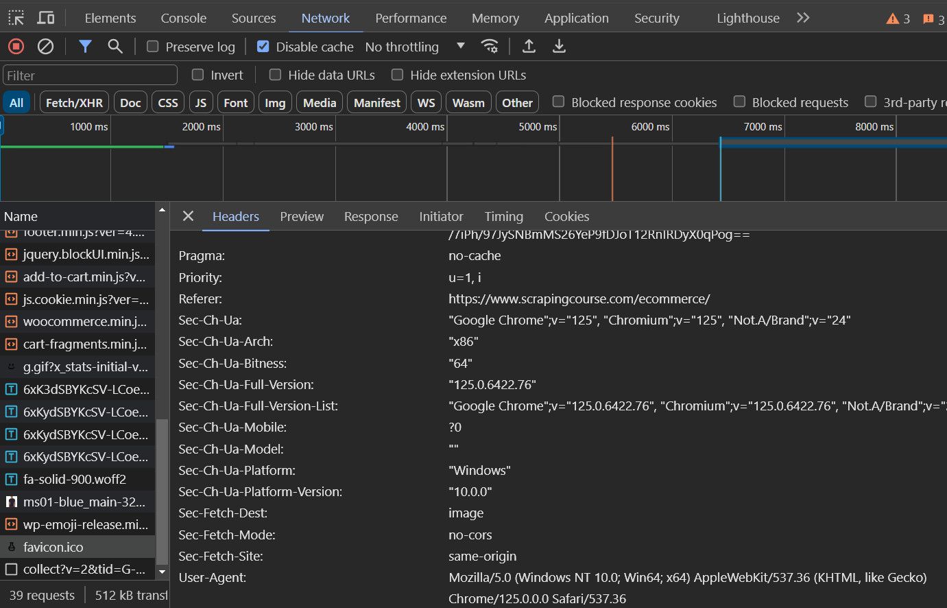 ScrapingCourse network tab