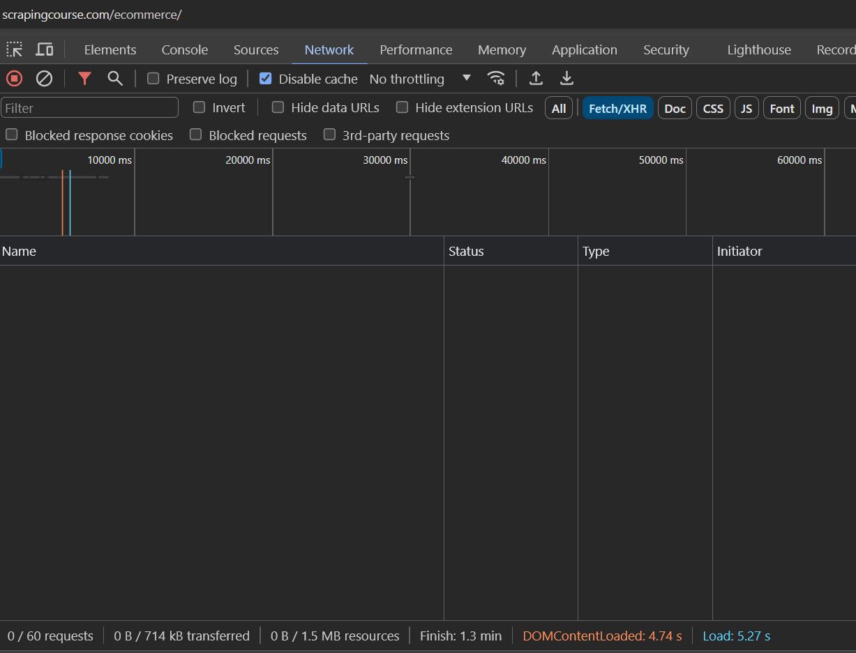 ScrapingCourse fetch network tab
