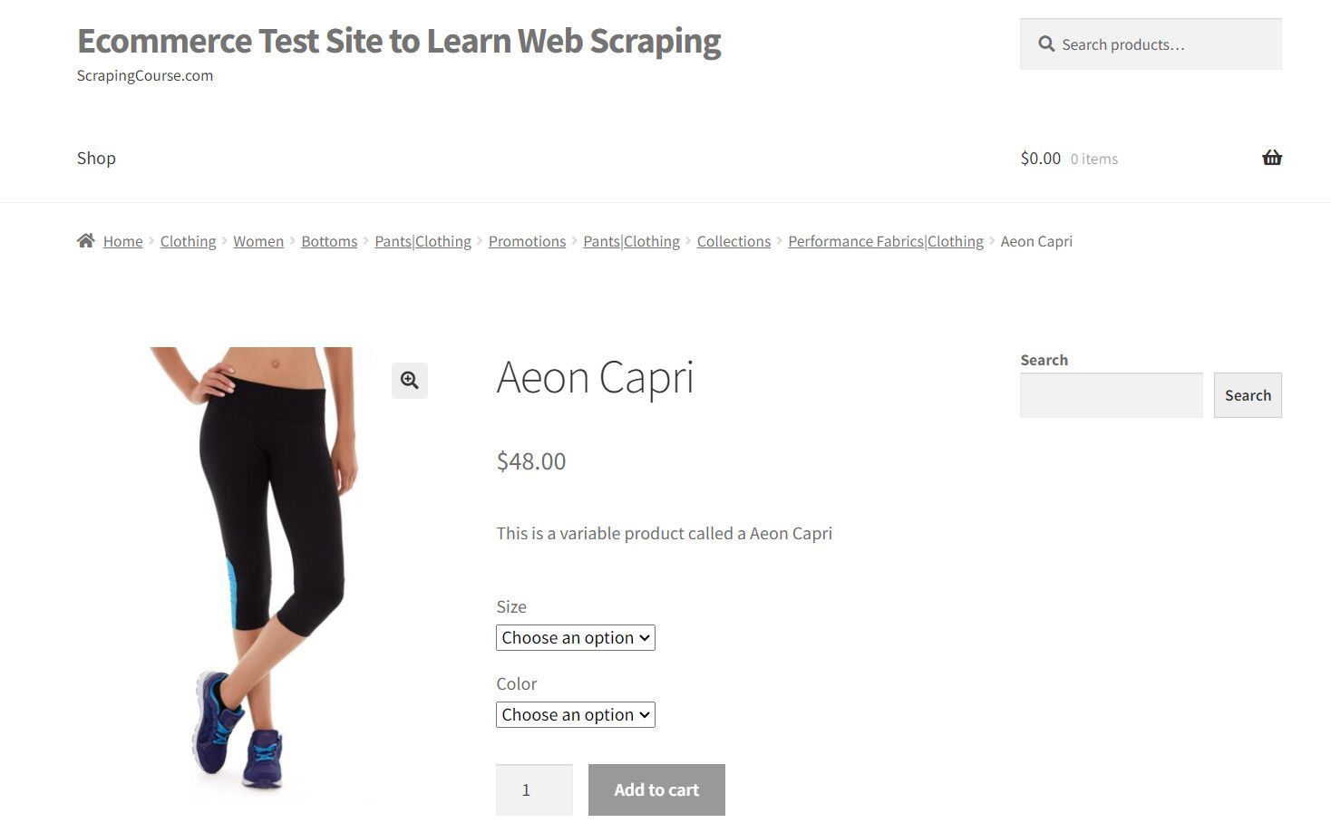 ScrapingCourse Aeon Capri product page