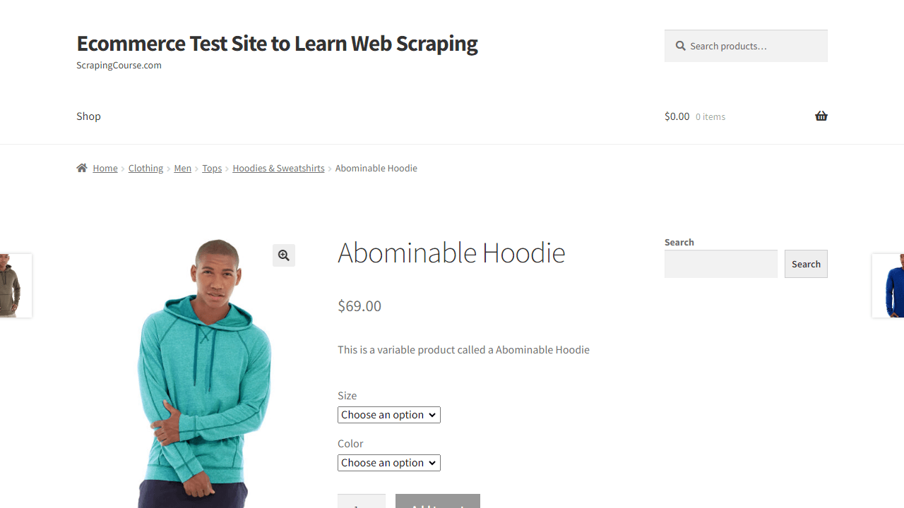 ScrapingCourse product page visible part screenshot