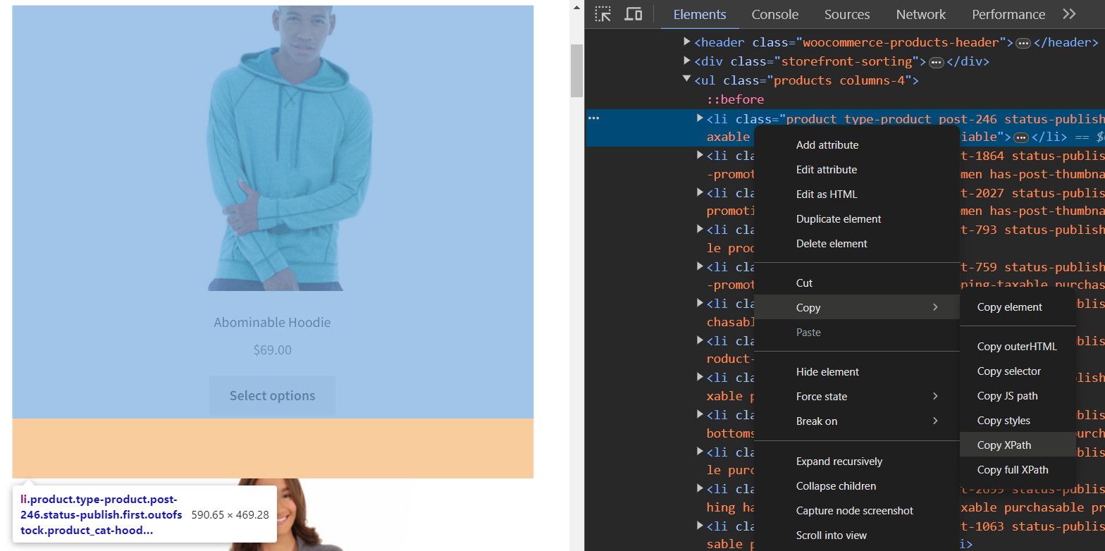 ScrapingCourse Xpath selector copy option