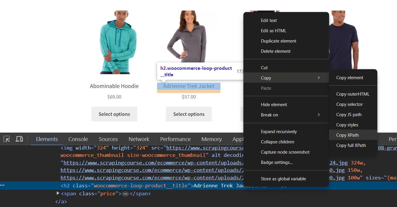 ScrapingCourse Xpath target node