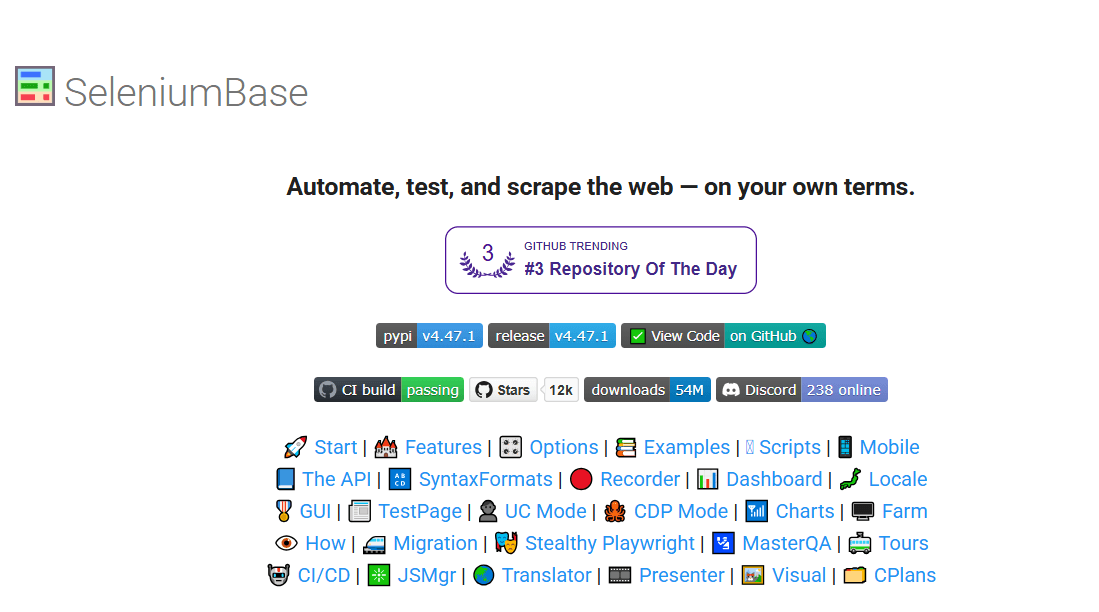 SeleniumBase website homepage.