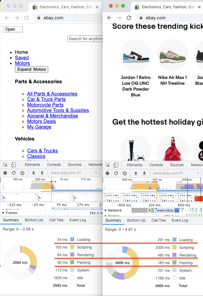 Side-by-side browser timing comparison