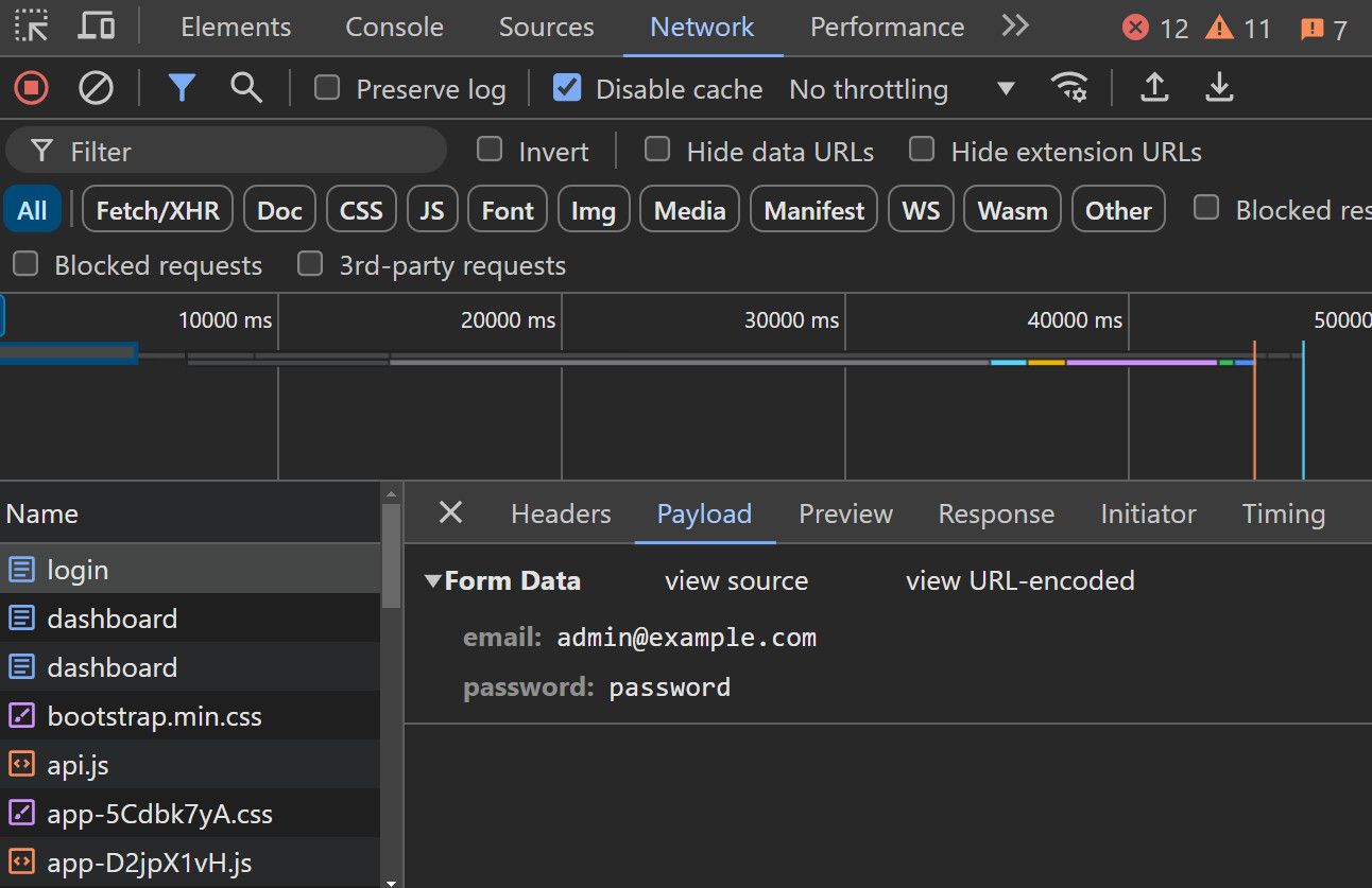 Login Page Network Tab With Payload