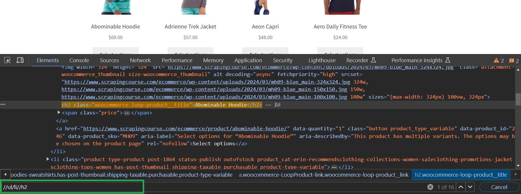 Scrapingcourse developer console Xpath search