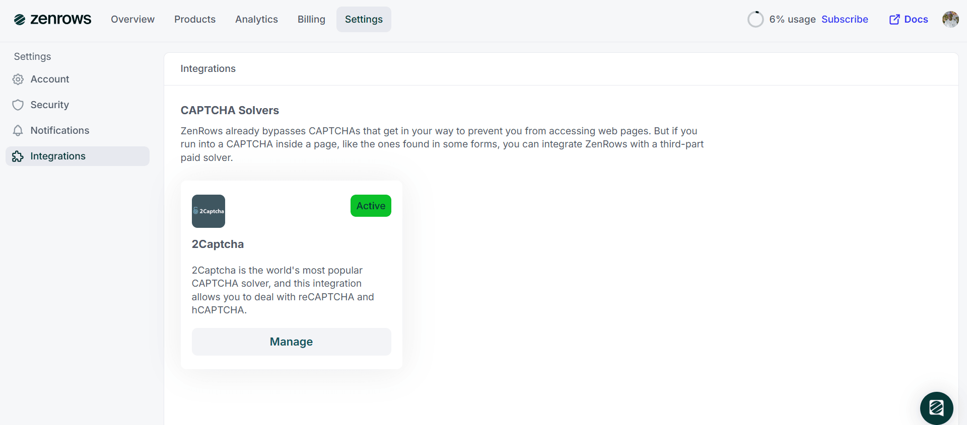 ZenRows Integration Menu