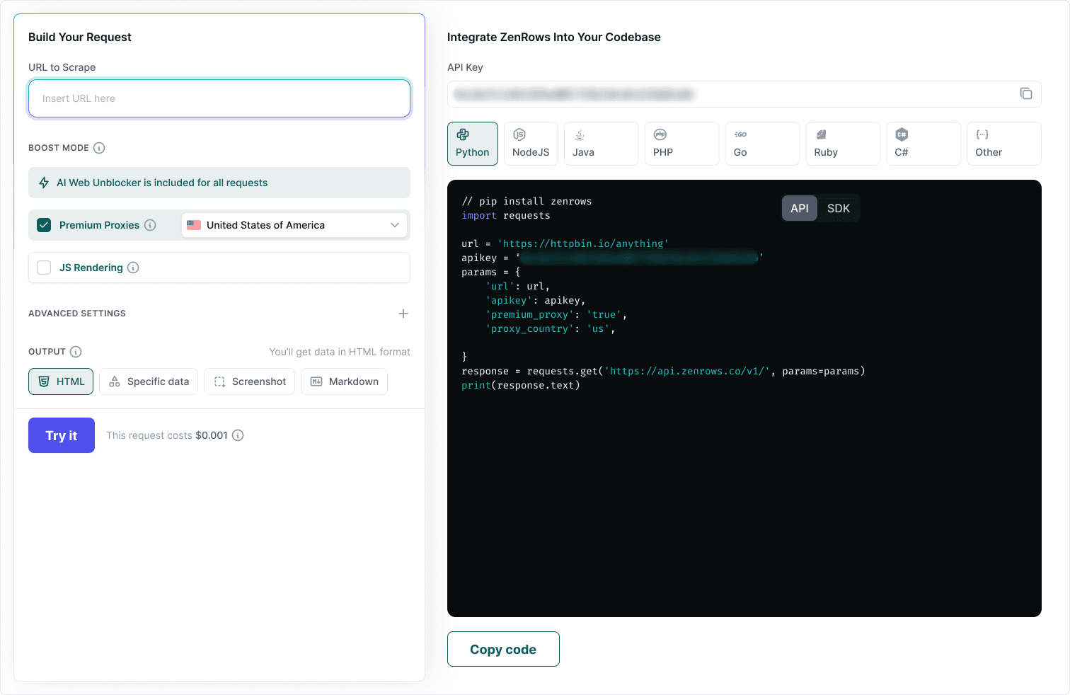 ZenRows Request Builder Only